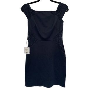 SHO NWT! Navy Blue & Lace Mini Cocktail Dress Satin Piping Accents Square Neck M